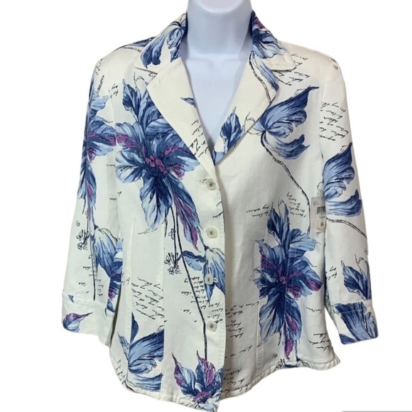 Emma James Off-White Floral Collared Button Front 3/4 Sleeve Linen Blazer Jacket - Picture 3 of 11